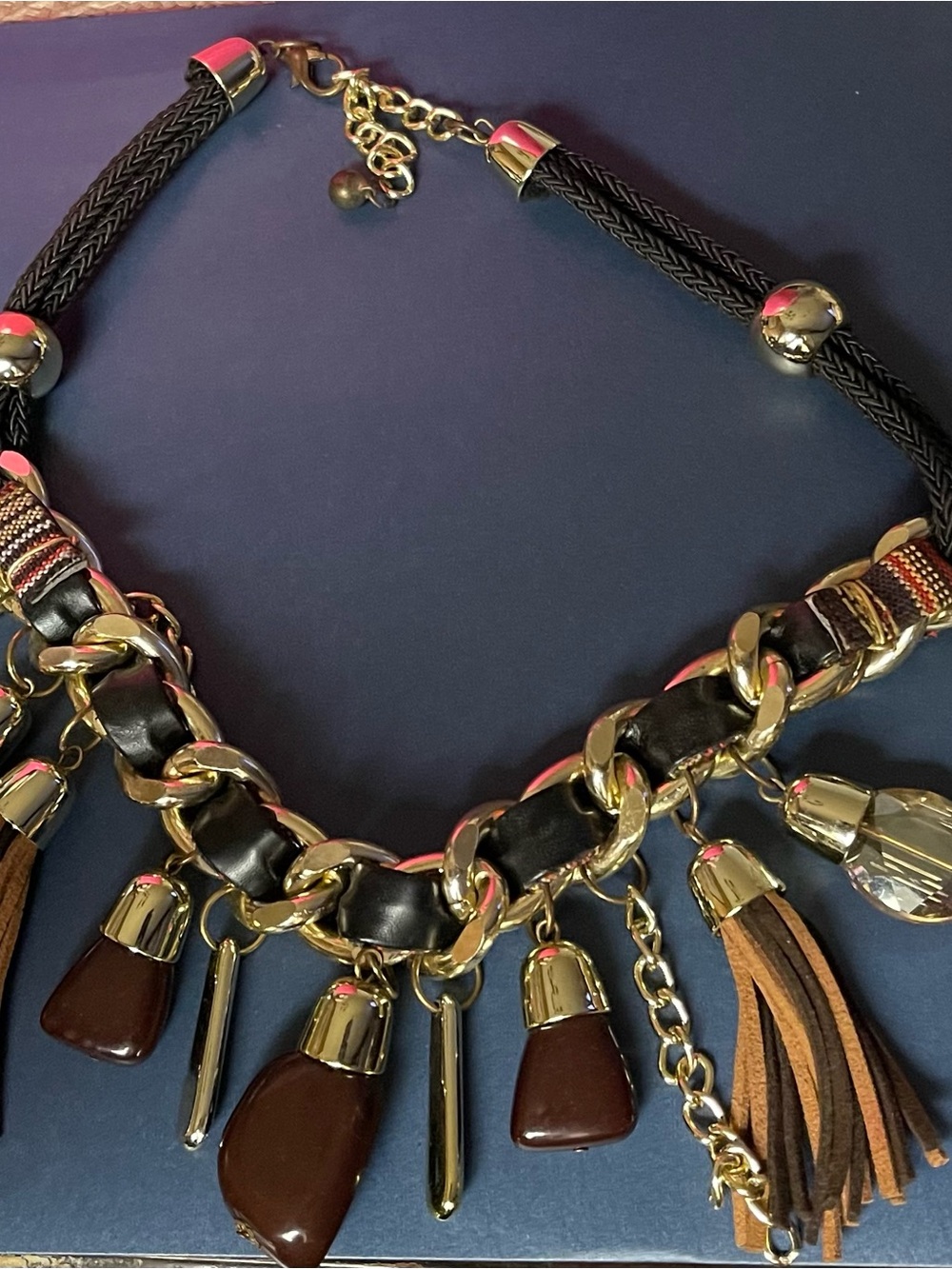 Gold Chain and Brown Tassel Statement Necklace